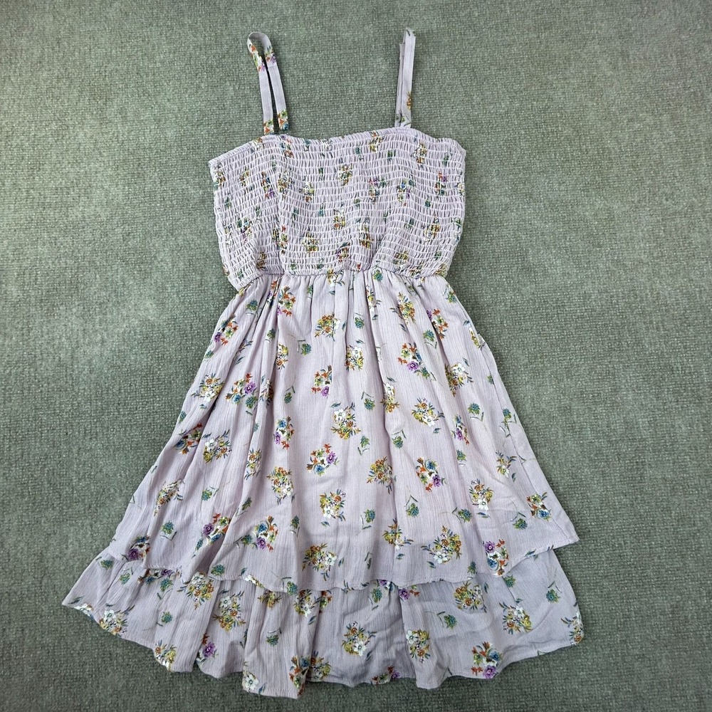 French Grey Mini Dress‎ Womens S Purple Floral Smocked Layered Spaghetti Strap